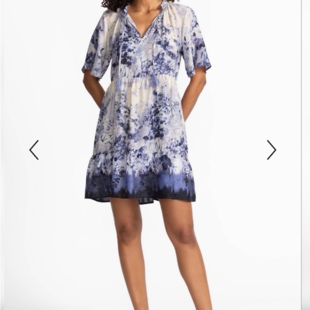 NWT  Johnny Was Cream and Blue Floral Tie-Dye Peasant Dress Small